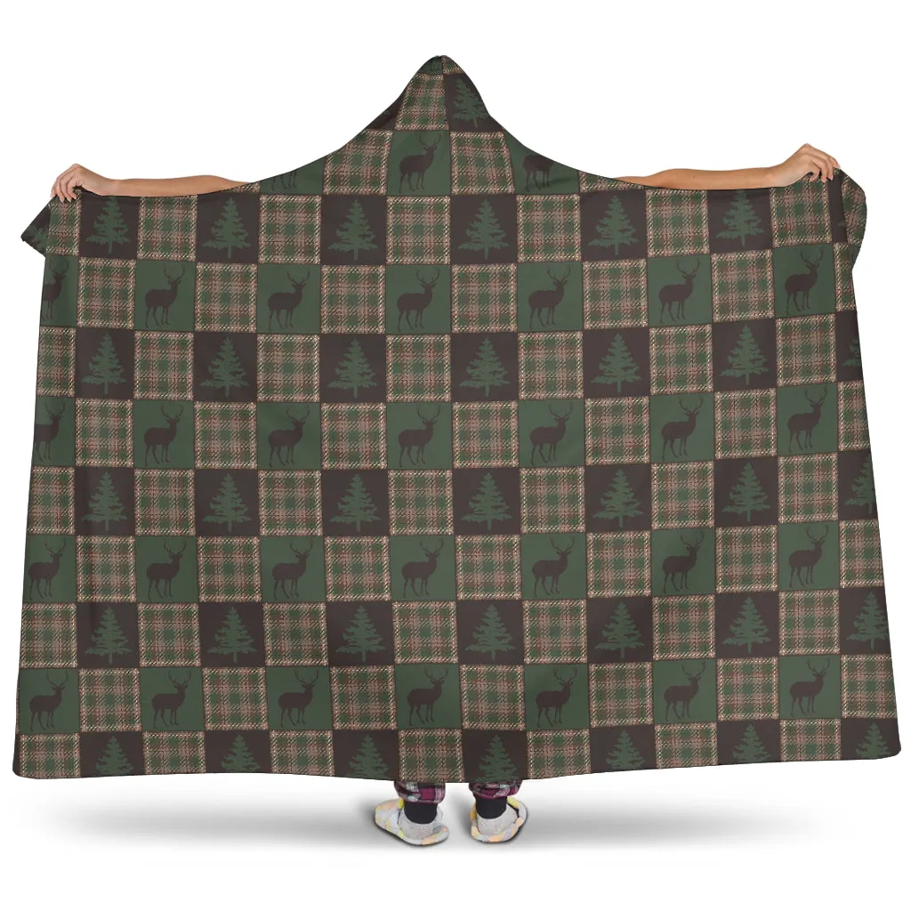 Brown and Green Plaid Patchwork Deer and Pine Tree Pattern Hooded Blanket