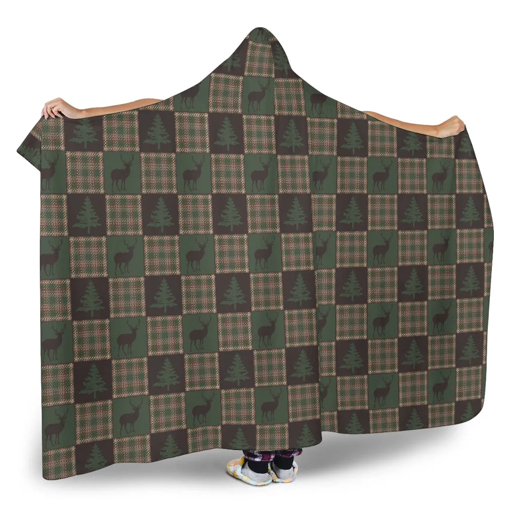 Brown and Green Plaid Patchwork Deer and Pine Tree Pattern Hooded Blanket