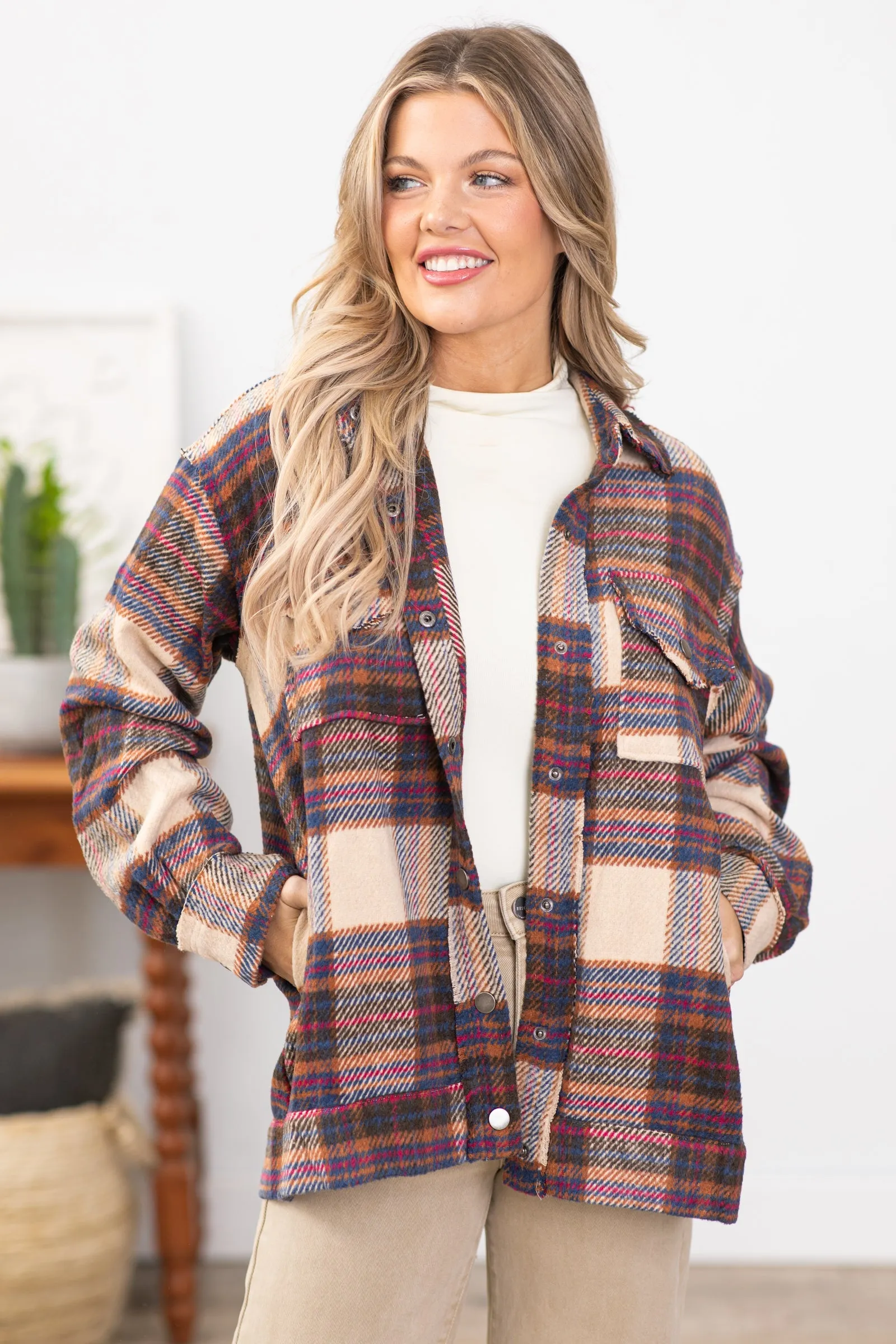 Brown and Tan Multicolor Plaid Shacket