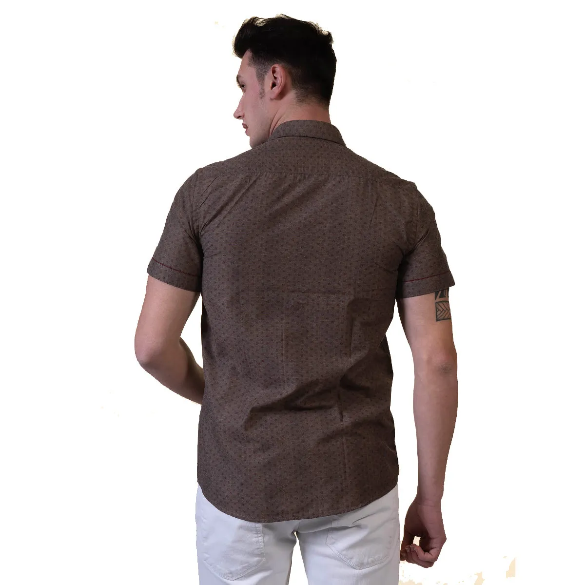 Brown Mens Short Sleeve Button up Shirts - Tailored Slim Fit Cotton Dress Shirts
