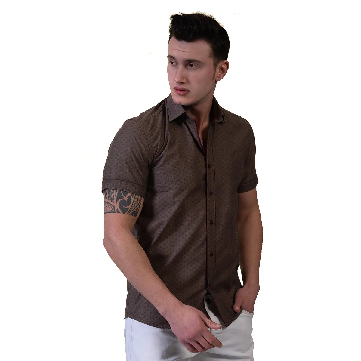 Brown Mens Short Sleeve Button up Shirts - Tailored Slim Fit Cotton Dress Shirts