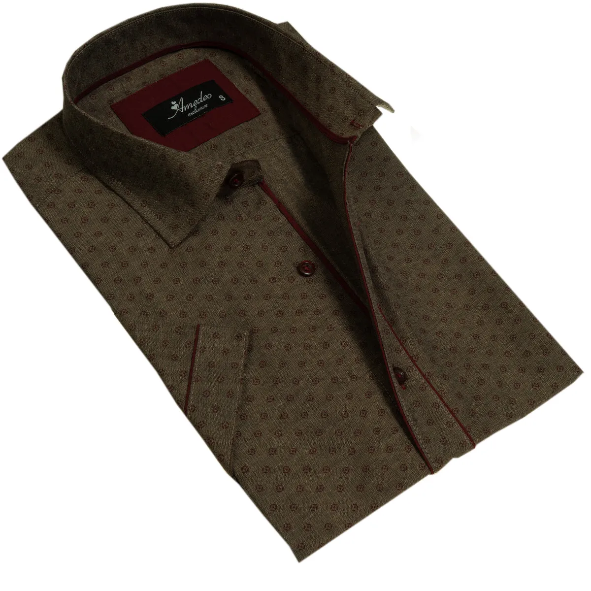 Brown Mens Short Sleeve Button up Shirts - Tailored Slim Fit Cotton Dress Shirts