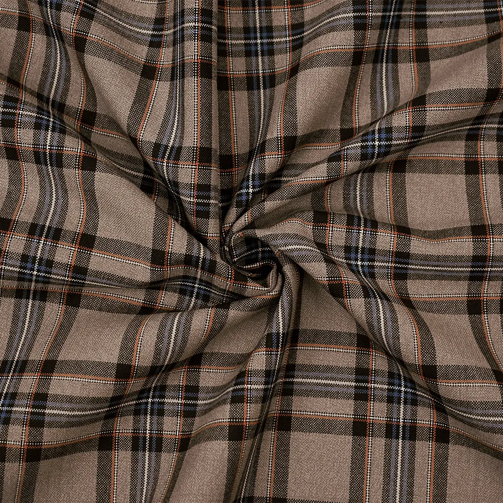 Brown-Orange-Multi Wool-Poly Plaid Woven Shirting Fabric