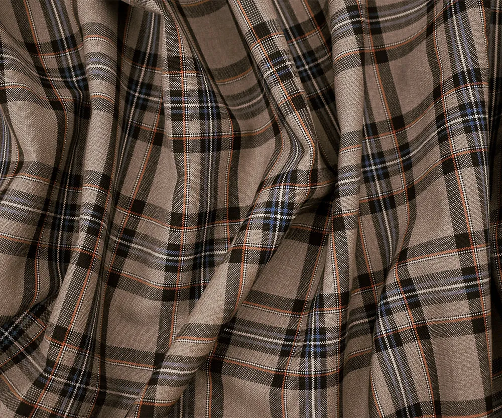 Brown-Orange-Multi Wool-Poly Plaid Woven Shirting Fabric