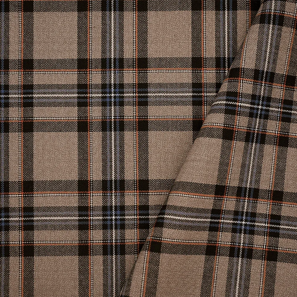 Brown-Orange-Multi Wool-Poly Plaid Woven Shirting Fabric