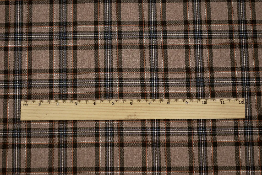 Brown-Orange-Multi Wool-Poly Plaid Woven Shirting Fabric