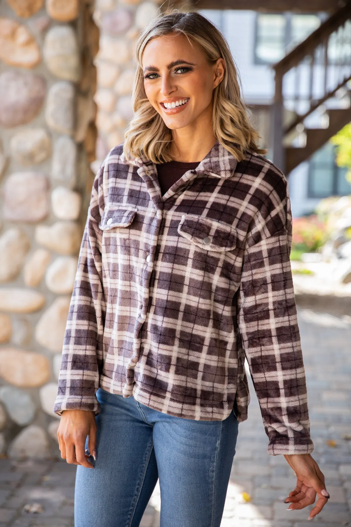 Brown Plaid Fuzzy Plaid Jacket