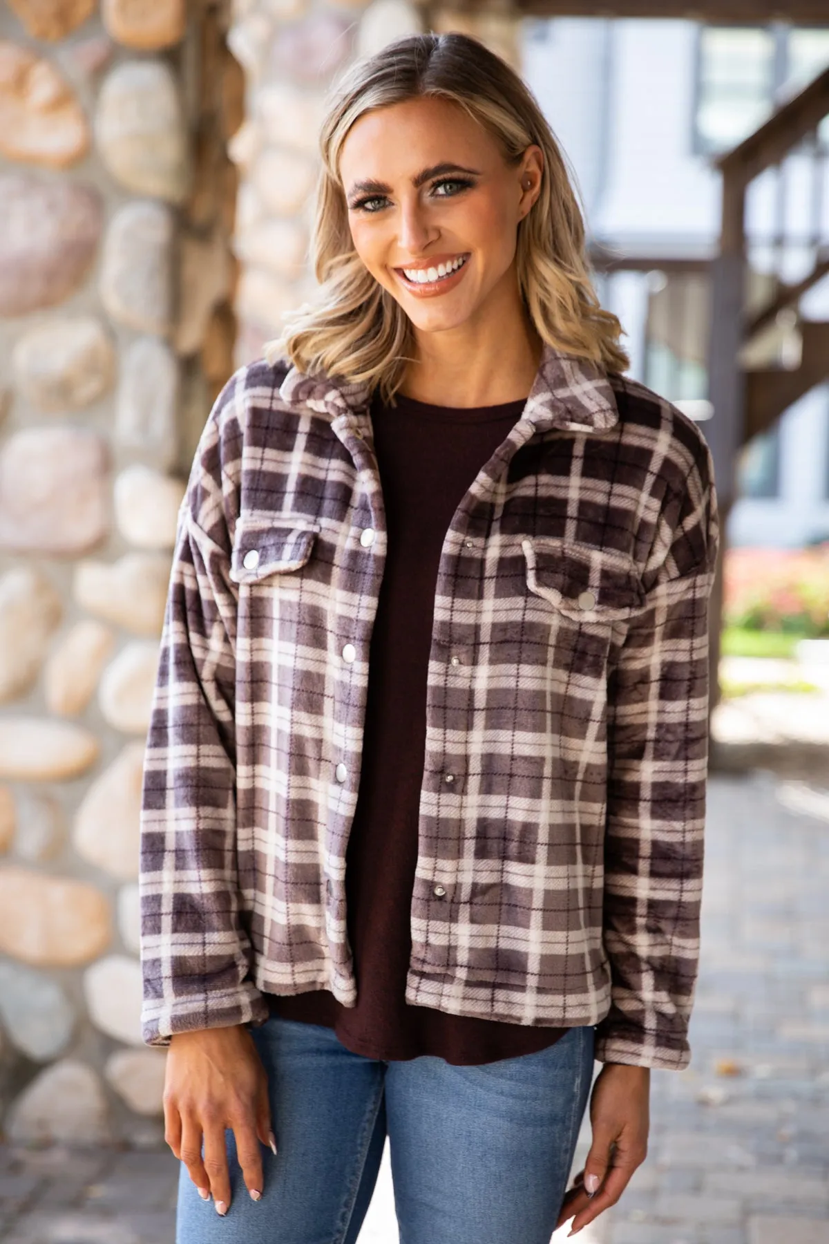 Brown Plaid Fuzzy Plaid Jacket