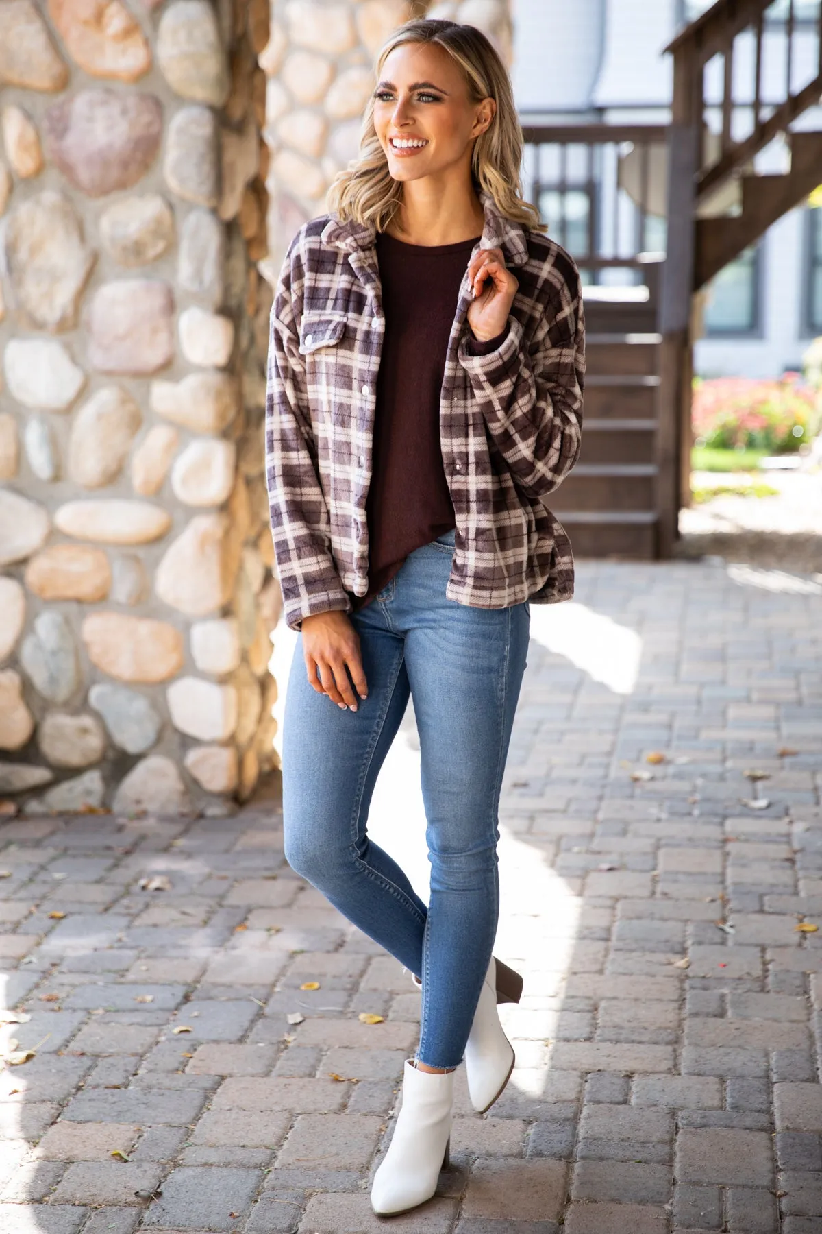 Brown Plaid Fuzzy Plaid Jacket