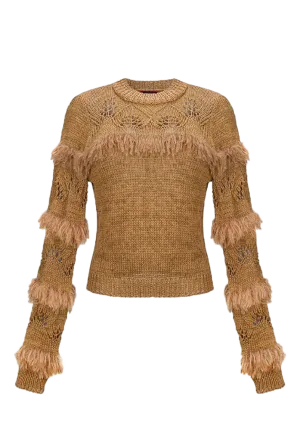 Brown Ruffled Silk-Blend Knit Cardigan