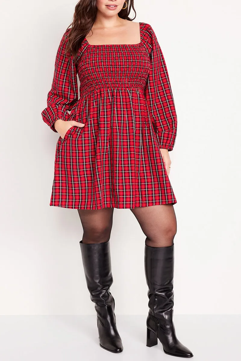 BS3207 Plaid Long Sleeve Short Dress