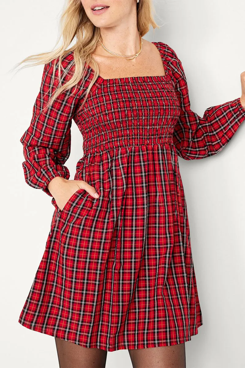 BS3207 Plaid Long Sleeve Short Dress