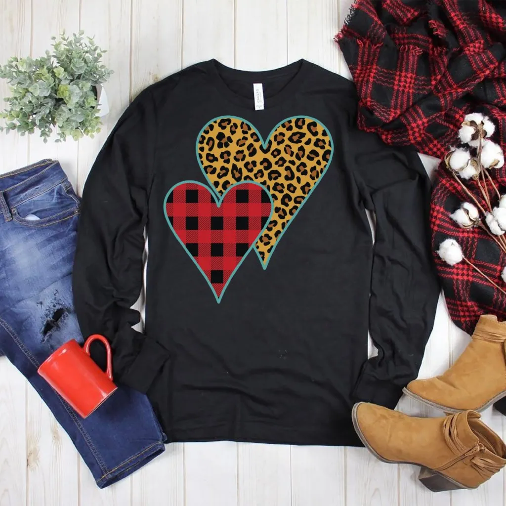 Buffalo Plaid & Leopard Print Heart Long Sleeve Tee – Perfect for Valentine’s Day!