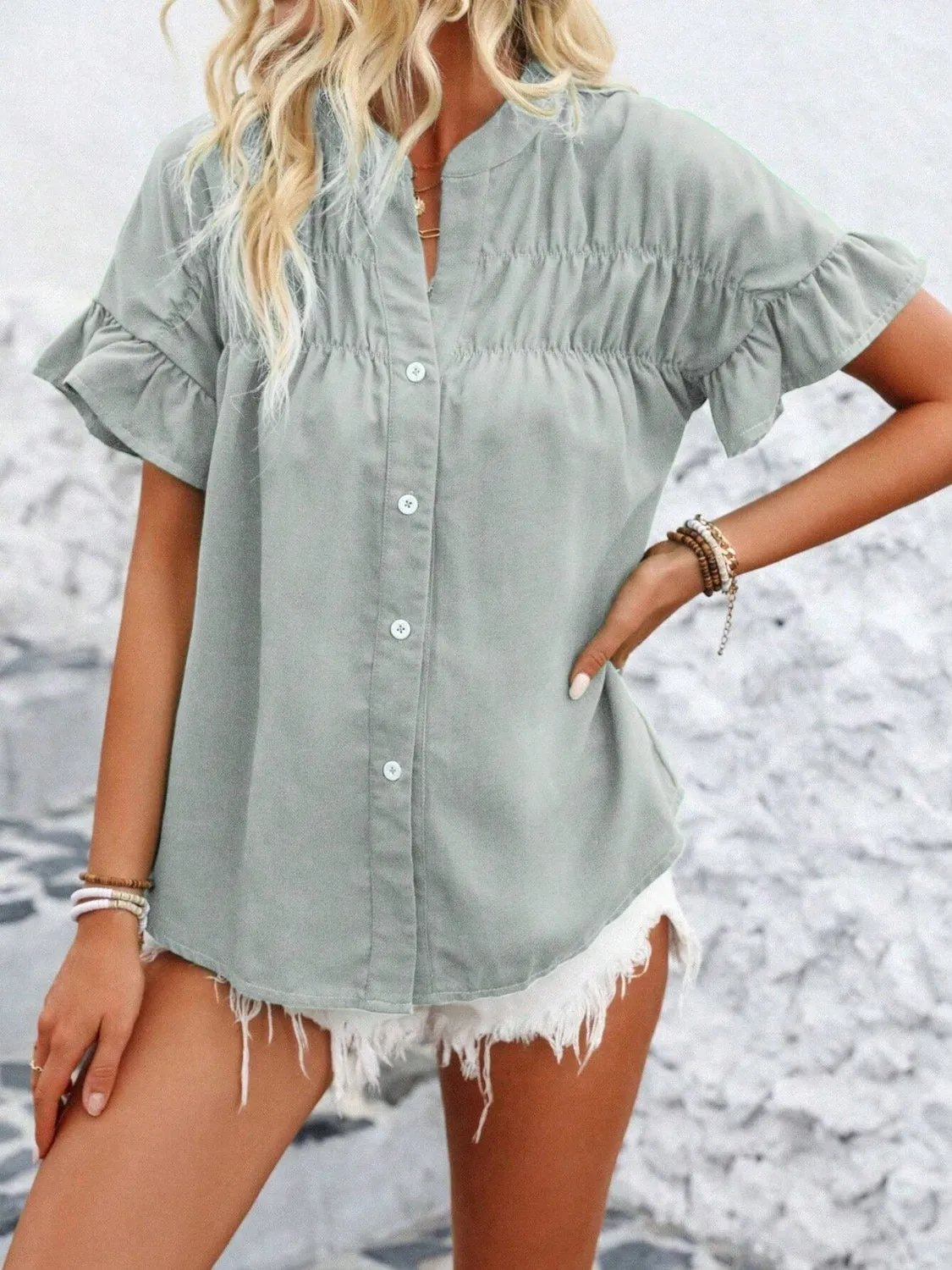 Button Down Ruffled Short Sleeve Shirt (7 Colors)