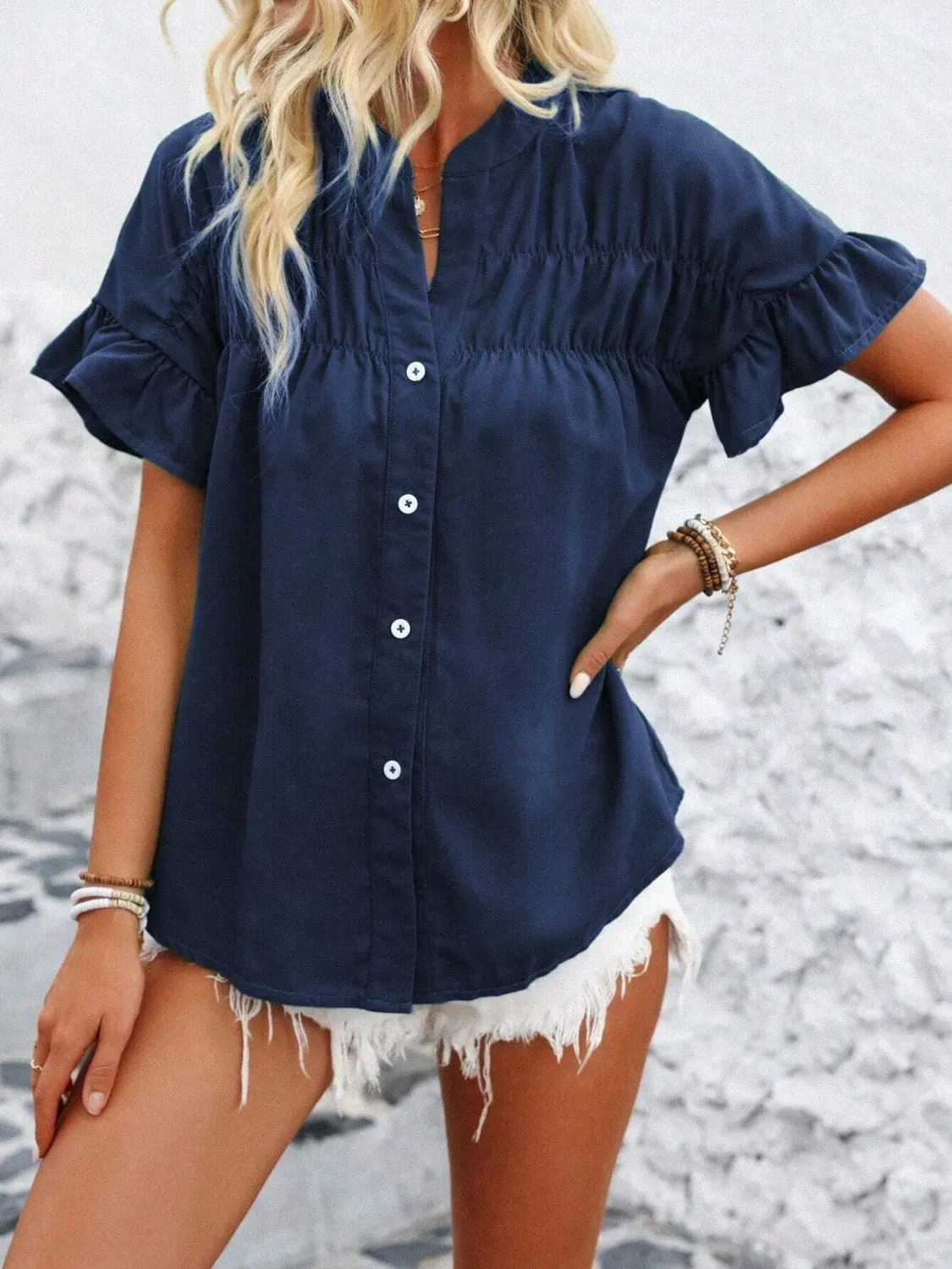 Button Down Ruffled Short Sleeve Shirt (7 Colors)