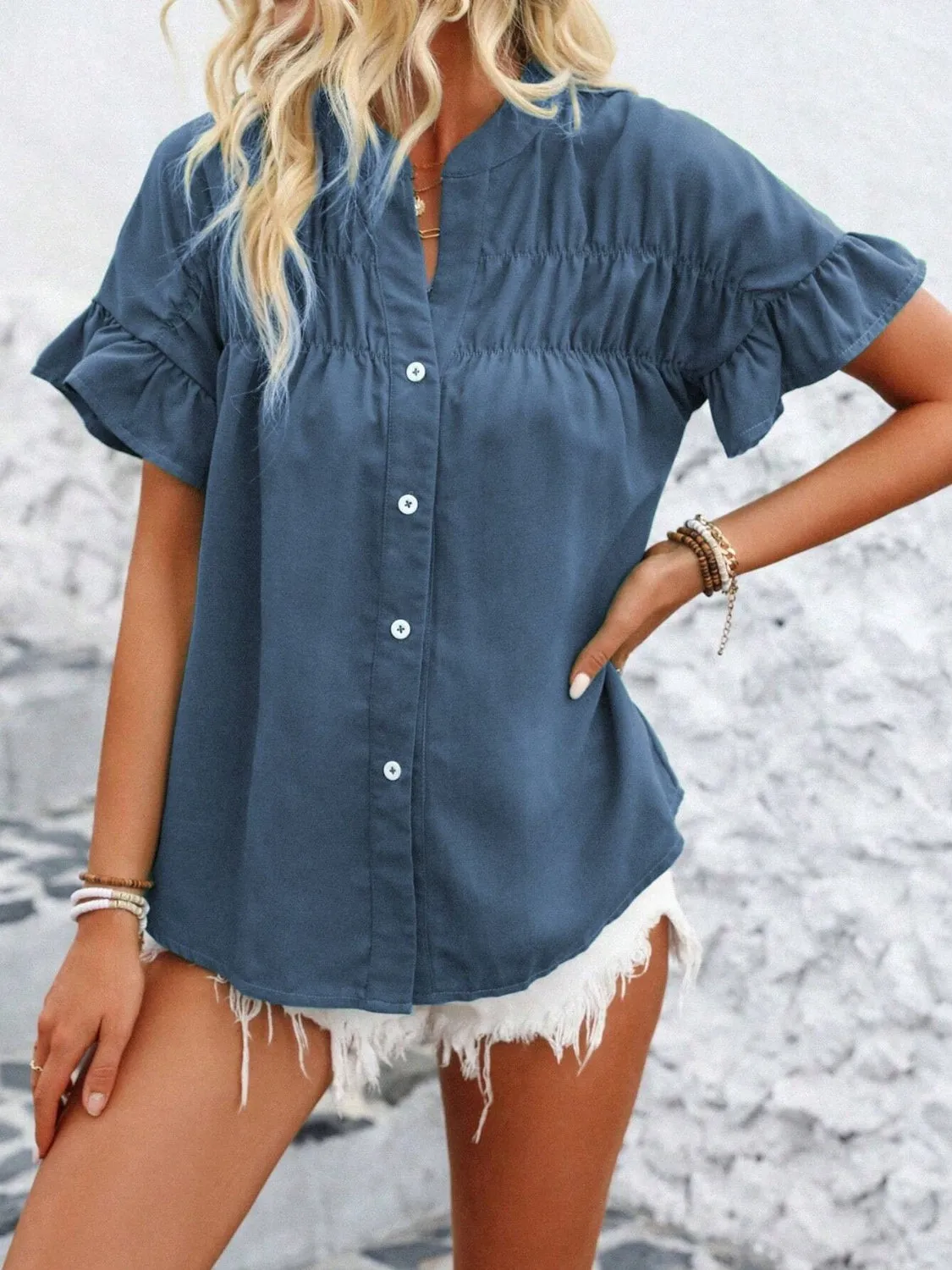 Button Down Ruffled Short Sleeve Shirt (7 Colors)