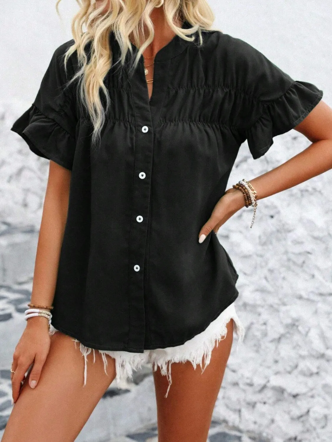 Button Down Ruffled Short Sleeve Shirt (7 Colors)