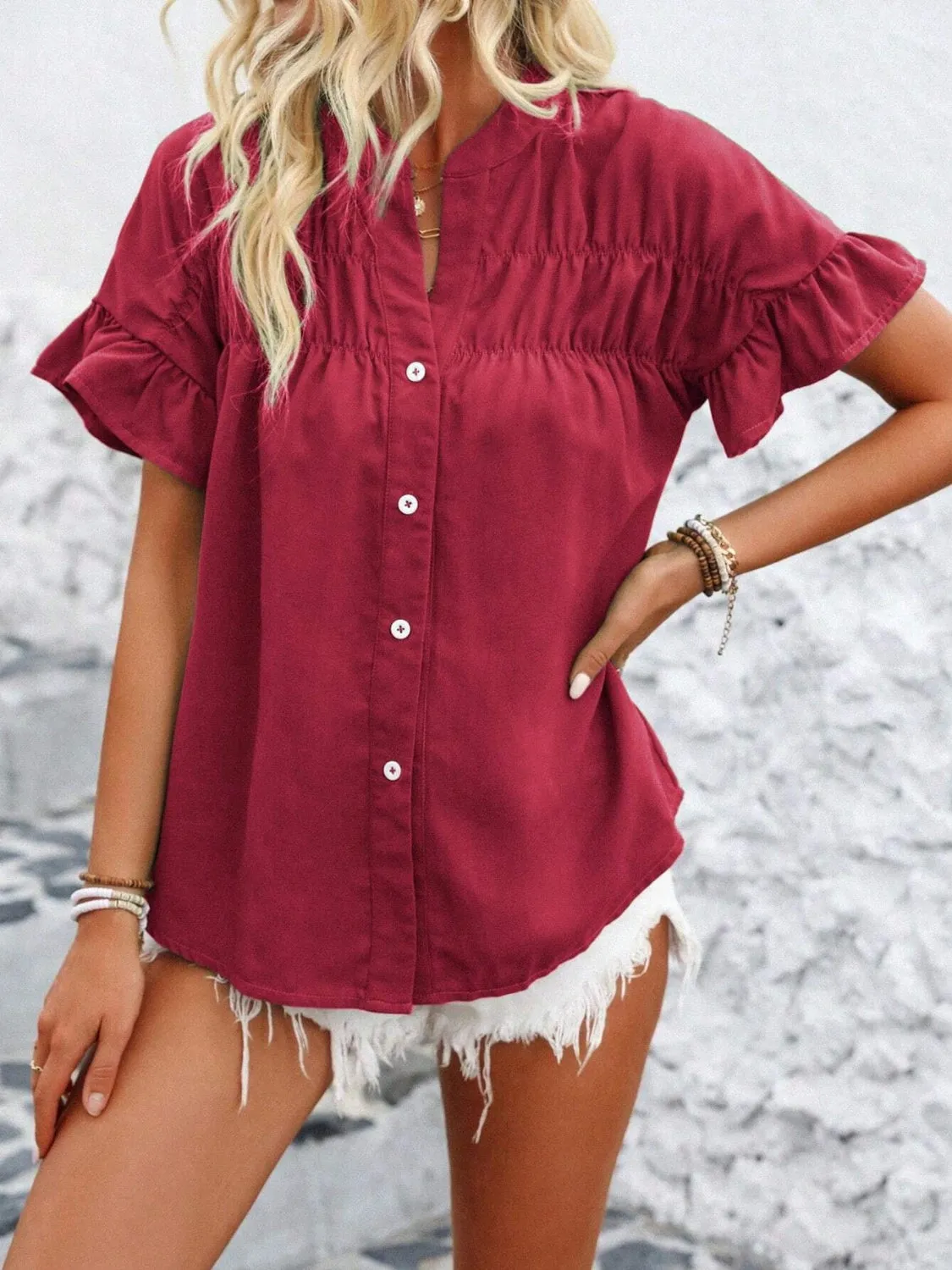 Button Down Ruffled Short Sleeve Shirt (7 Colors)