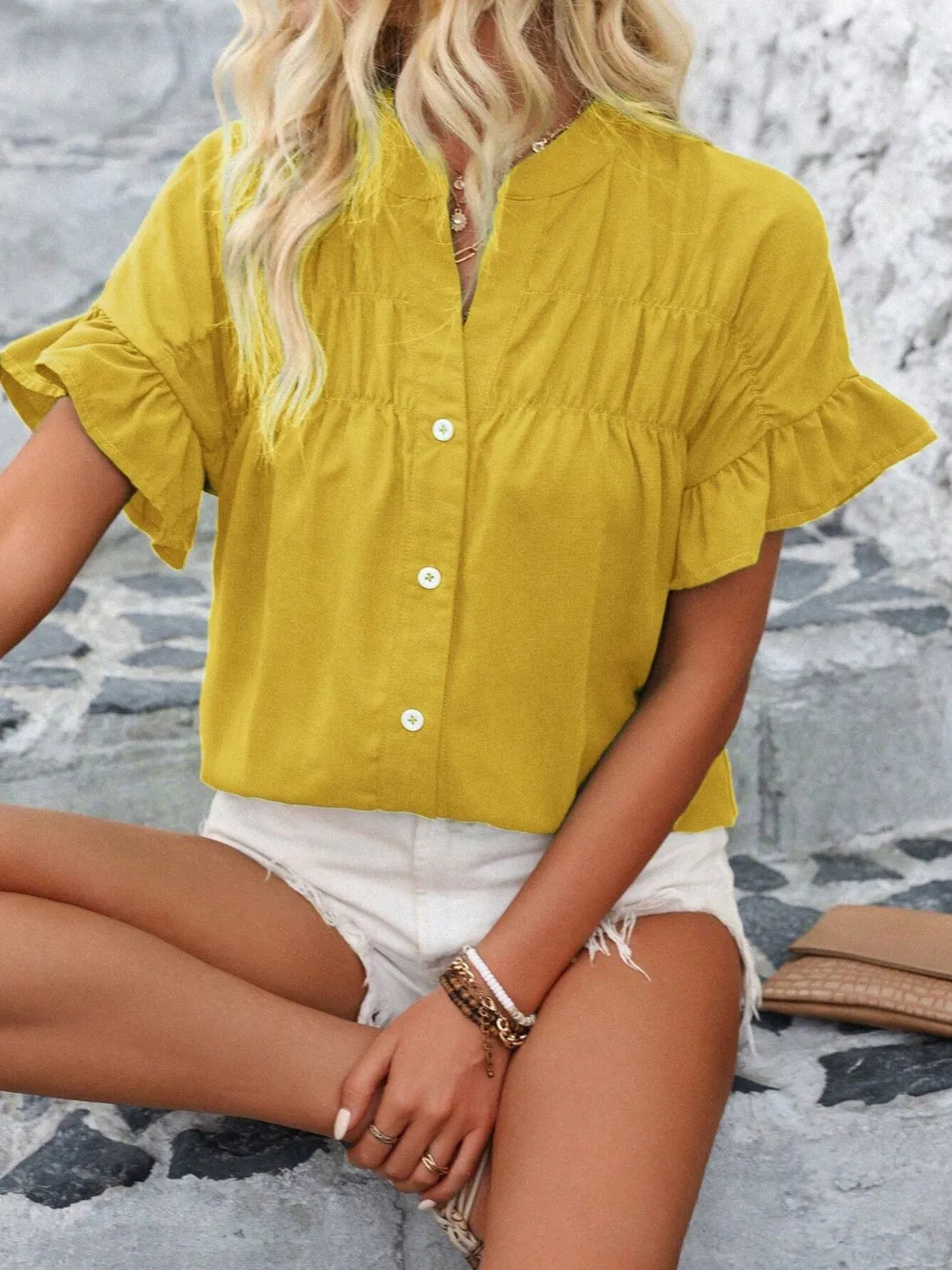 Button Down Ruffled Short Sleeve Shirt (7 Colors)