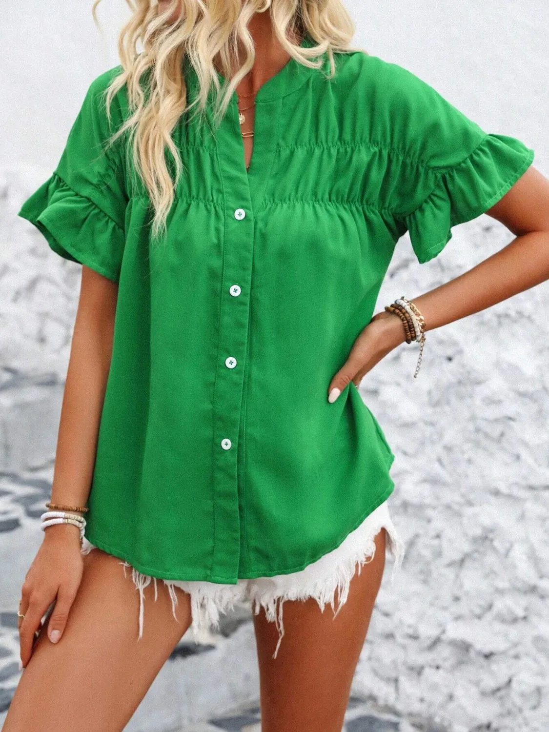 Button Down Ruffled Short Sleeve Shirt (7 Colors)