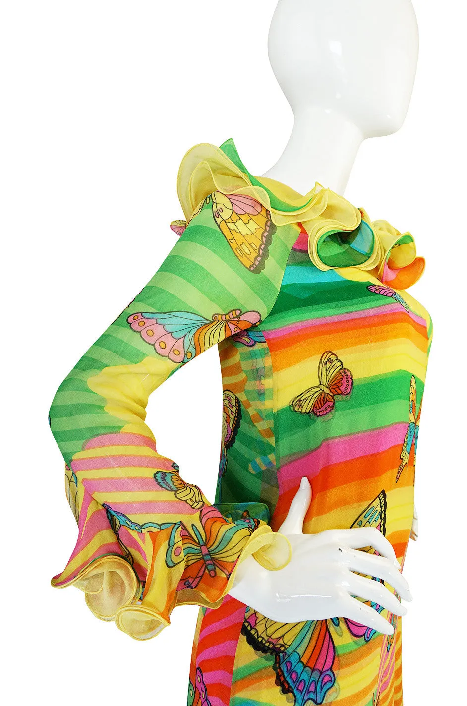 c1965-67 Hanae Mori Butterfly Print Ruffled Silk Dress & Shawl
