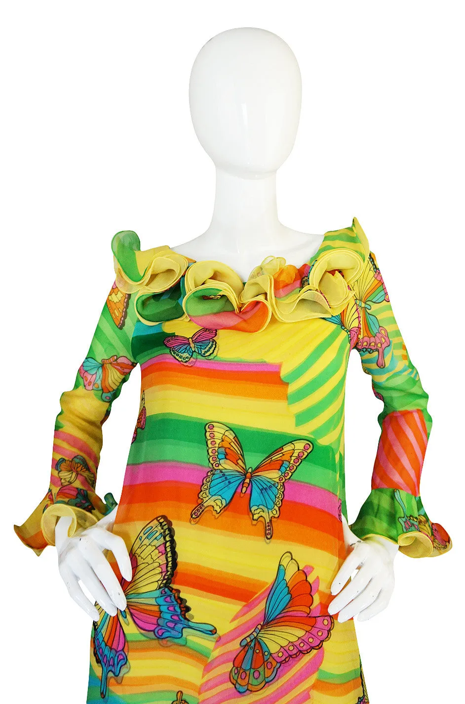 c1965-67 Hanae Mori Butterfly Print Ruffled Silk Dress & Shawl