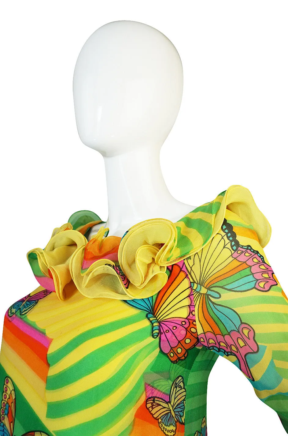 c1965-67 Hanae Mori Butterfly Print Ruffled Silk Dress & Shawl
