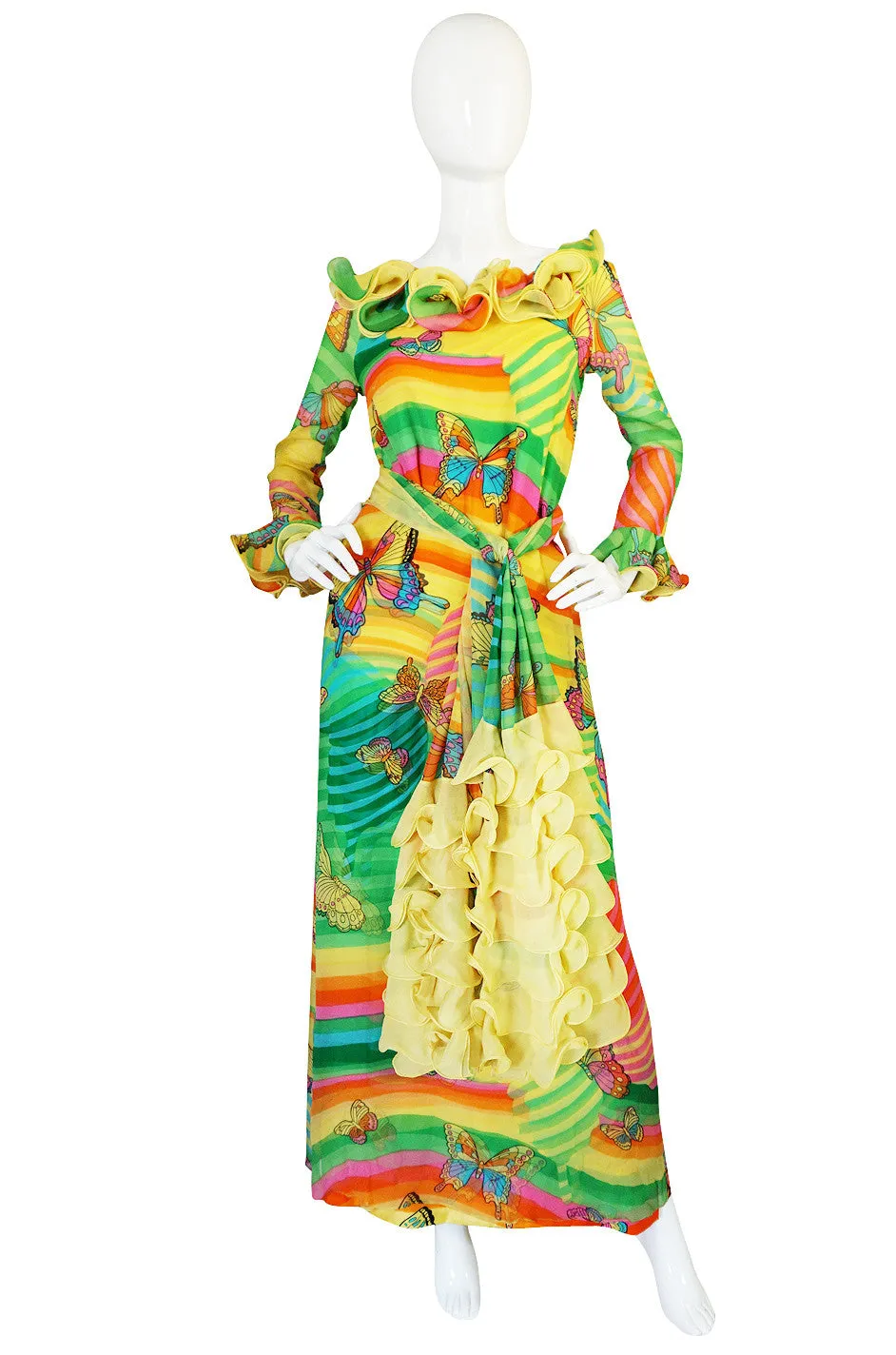 c1965-67 Hanae Mori Butterfly Print Ruffled Silk Dress & Shawl