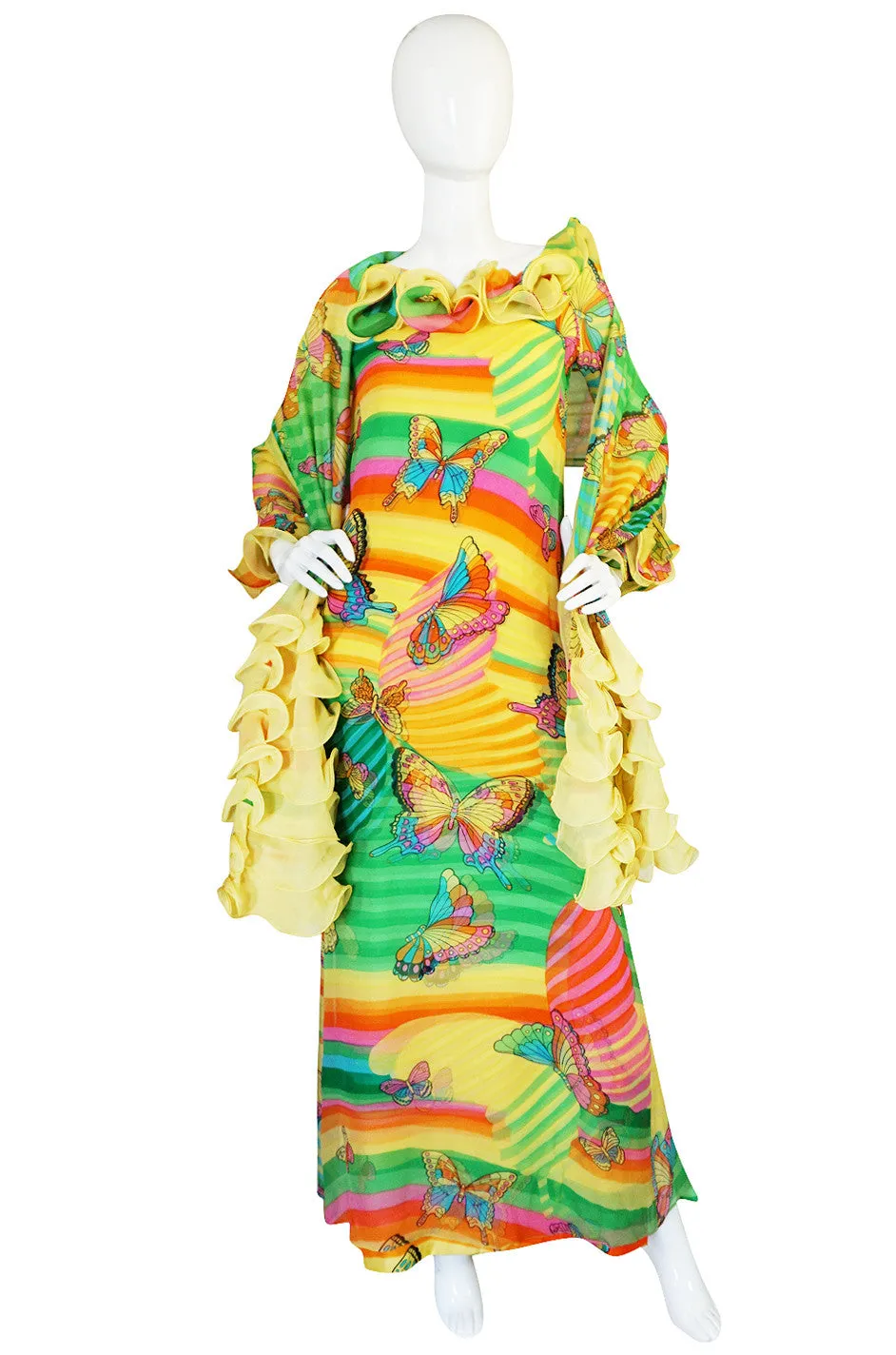 c1965-67 Hanae Mori Butterfly Print Ruffled Silk Dress & Shawl
