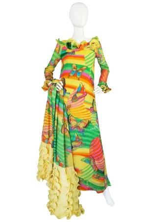 c1965-67 Hanae Mori Butterfly Print Ruffled Silk Dress & Shawl