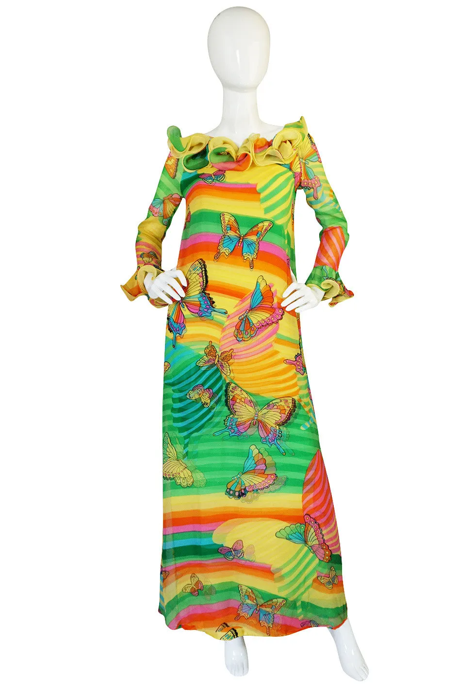 c1965-67 Hanae Mori Butterfly Print Ruffled Silk Dress & Shawl