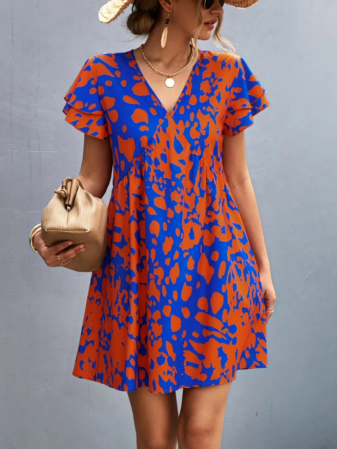 Cade Ruffled Printed V-Neck Short Sleeve Mini Dress