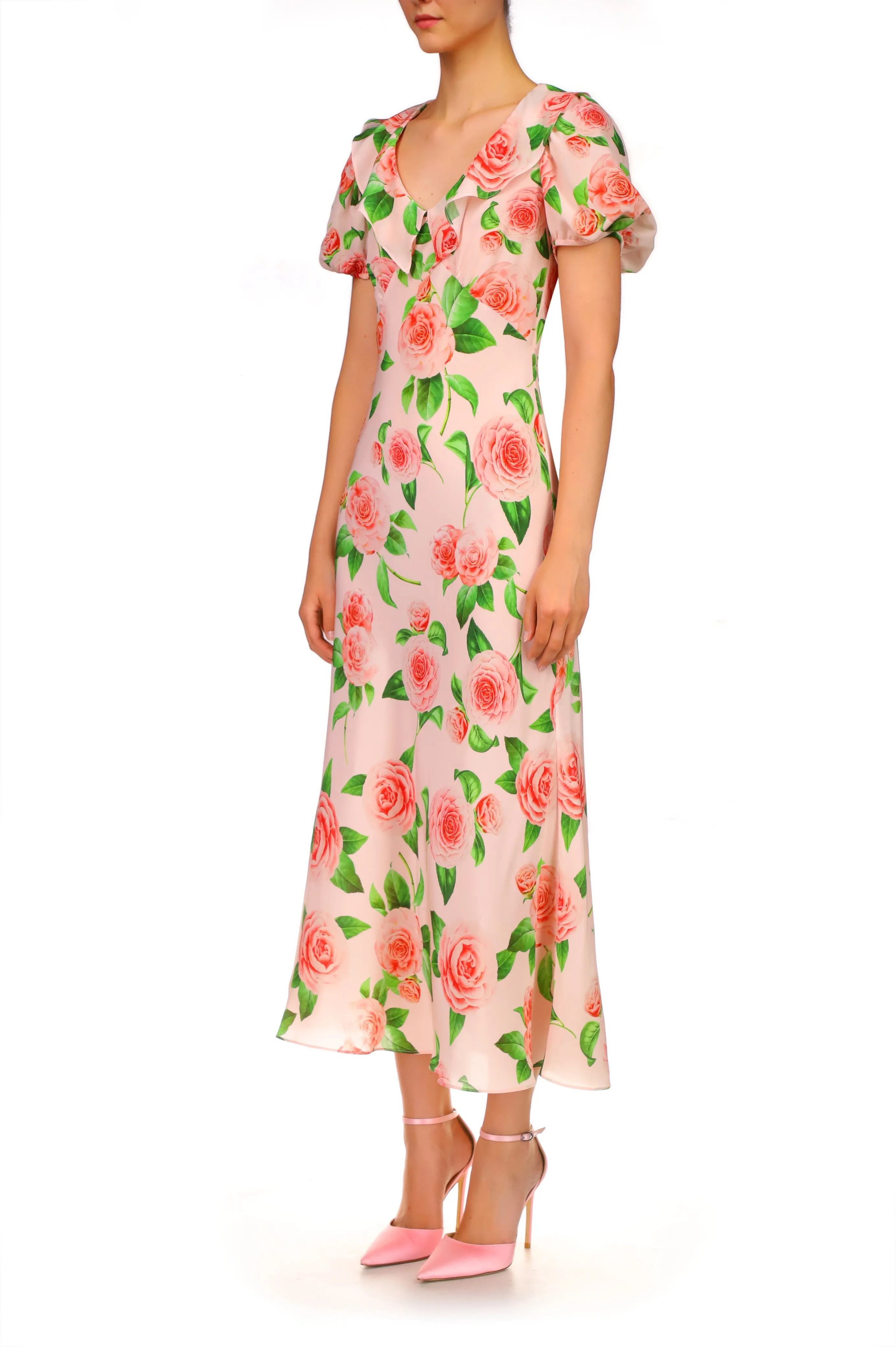 Camellia Printed Silk Bias Dress With Ruffle Details
