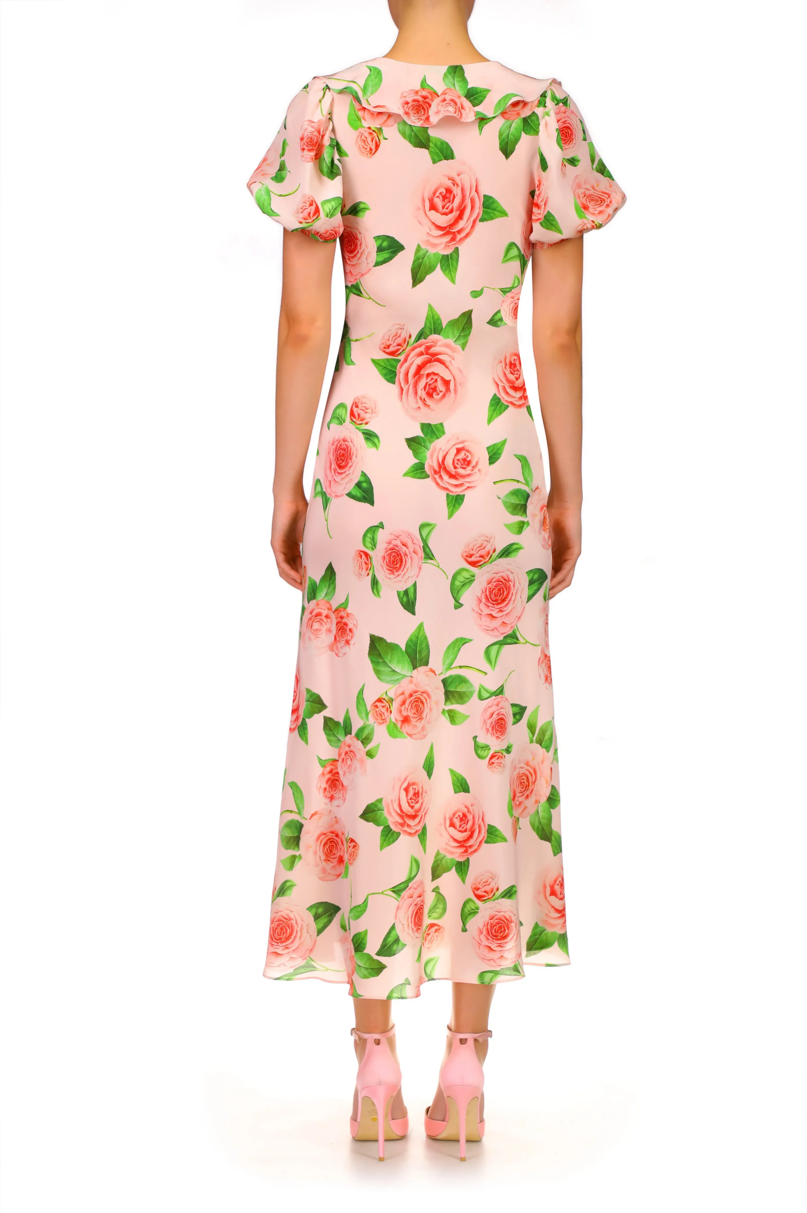 Camellia Printed Silk Bias Dress With Ruffle Details