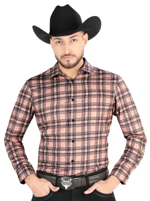Camisa Vaquera Manga Larga Estampada Cuadros Beige/Negro para Hombre 'El Señor de los Cielos' - ID: 44697