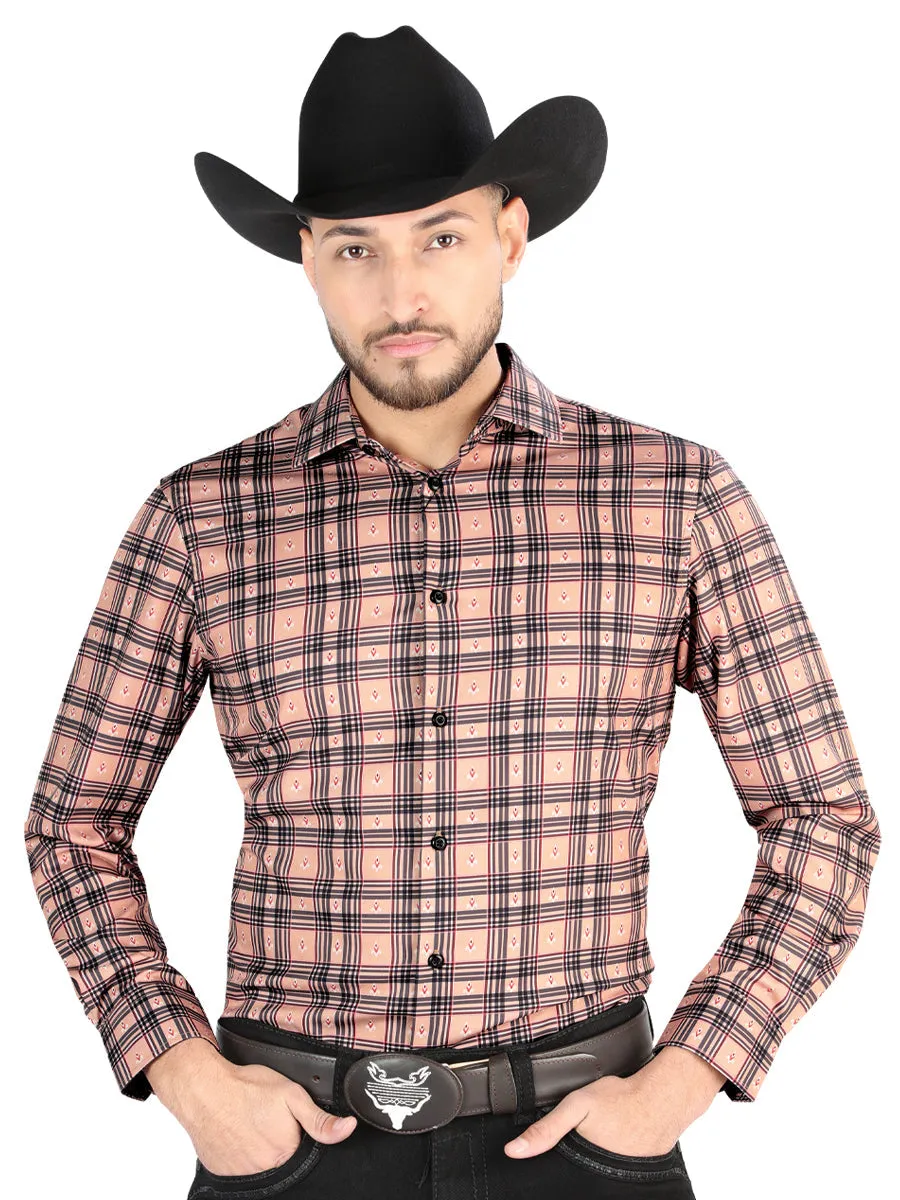 Camisa Vaquera Manga Larga Estampada Cuadros Beige/Negro para Hombre 'El Señor de los Cielos' - ID: 44697
