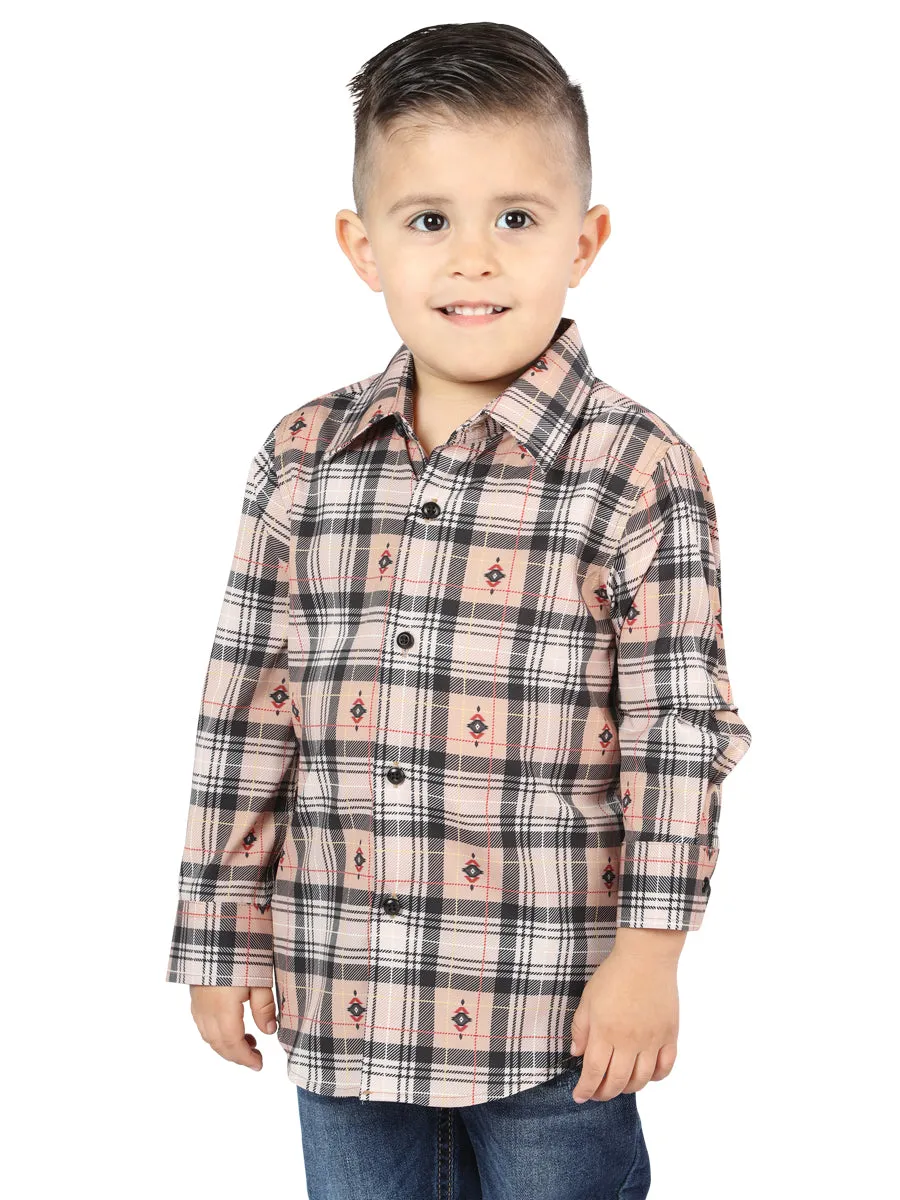 Camisa Vaquera Manga Larga Estampada Cuadros Beige/Negro para Niños 'El Señor de los Cielos' - ID: 44732