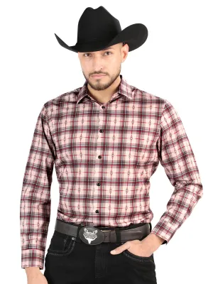Camisa Vaquera Manga Larga Estampada Cuadros Beige/Rojo para Hombre 'El Señor de los Cielos' - ID: 44711