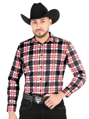 Camisa Vaquera Manga Larga Estampada Cuadros Blanco/Rojo para Hombre 'El Señor de los Cielos' - ID: 44707