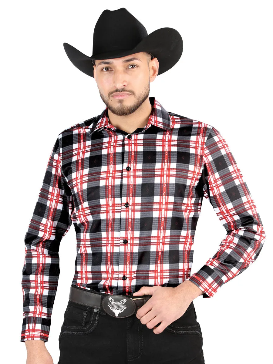 Camisa Vaquera Manga Larga Estampada Cuadros Blanco/Rojo para Hombre 'El Señor de los Cielos' - ID: 44707