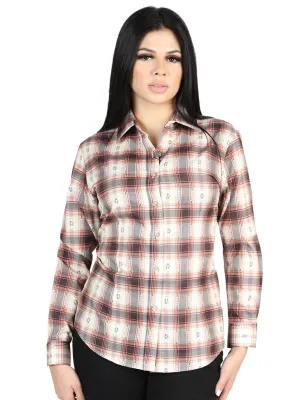 Camisa Vaquera Manga Larga Estampada Cuadros Naranja/Beige para Mujer 'El Señor de los Cielos' - ID: 44716