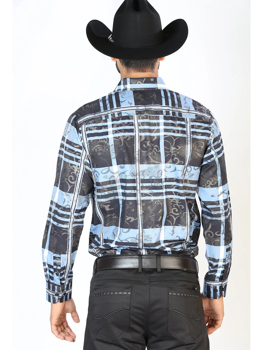 Camisa Vaquera Manga Larga Estampada Cuadros Negro/Azul para Hombre 'El Señor de los Cielos' - ID: 43864