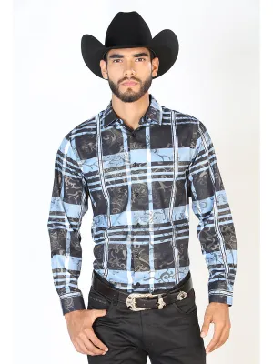 Camisa Vaquera Manga Larga Estampada Cuadros Negro/Azul para Hombre 'El Señor de los Cielos' - ID: 43864
