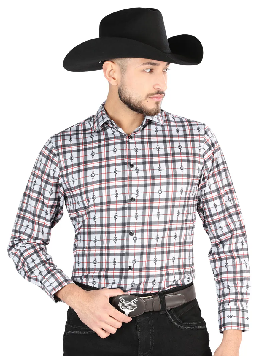 Camisa Vaquera Manga Larga Estampada Cuadros Negro/Blanco para Hombre 'El Señor de los Cielos' - ID: 44703