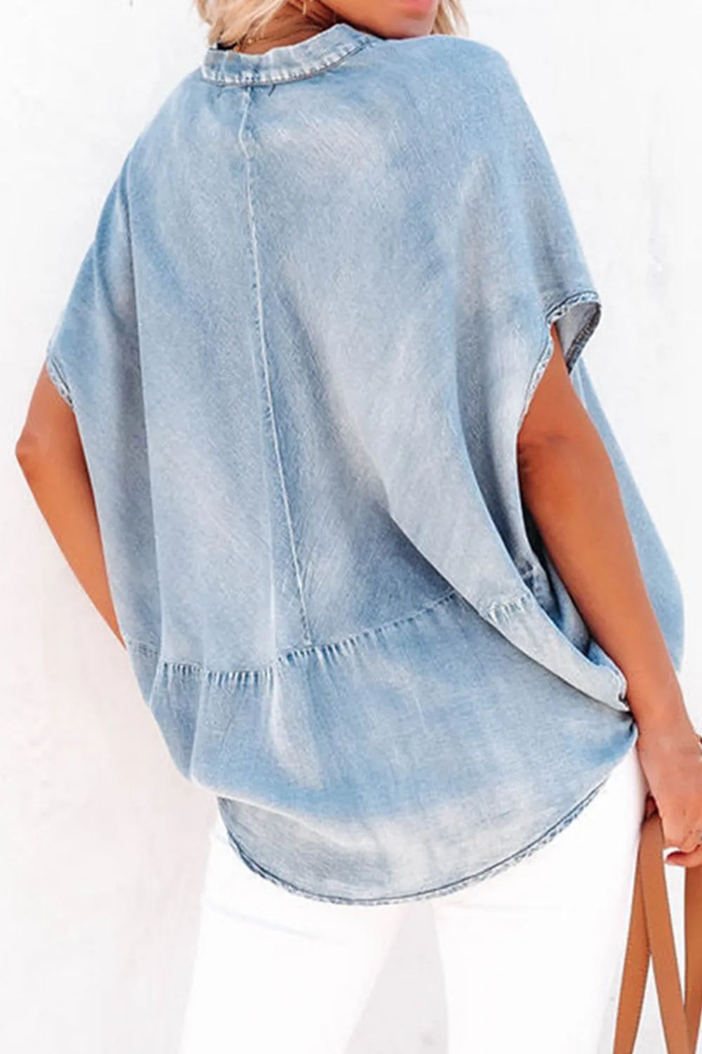 Caprice Notched Short Sleeve Denim Top