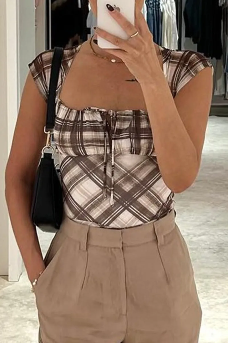 Casual Plaid Patchwork Contrast Square Neck T-Shirts