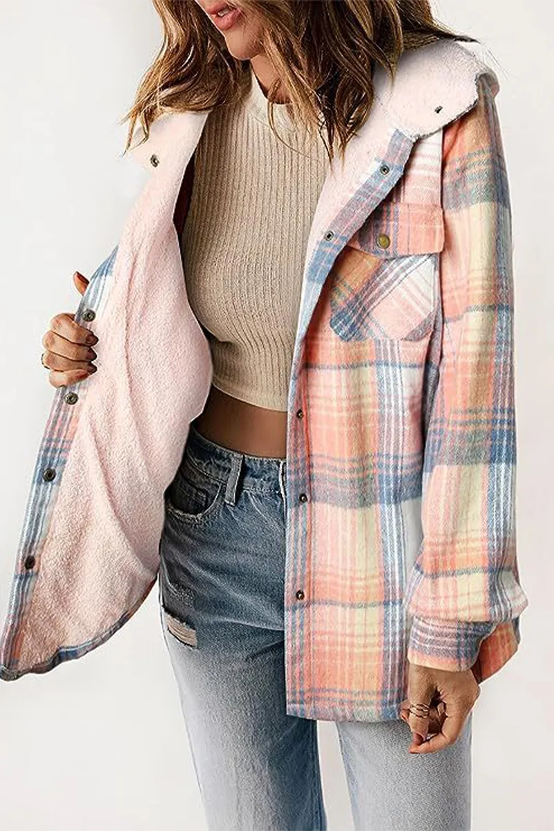 Casual Plaid Pocket Fluffy Contrast Hooded Outerwear(7 Colors)
