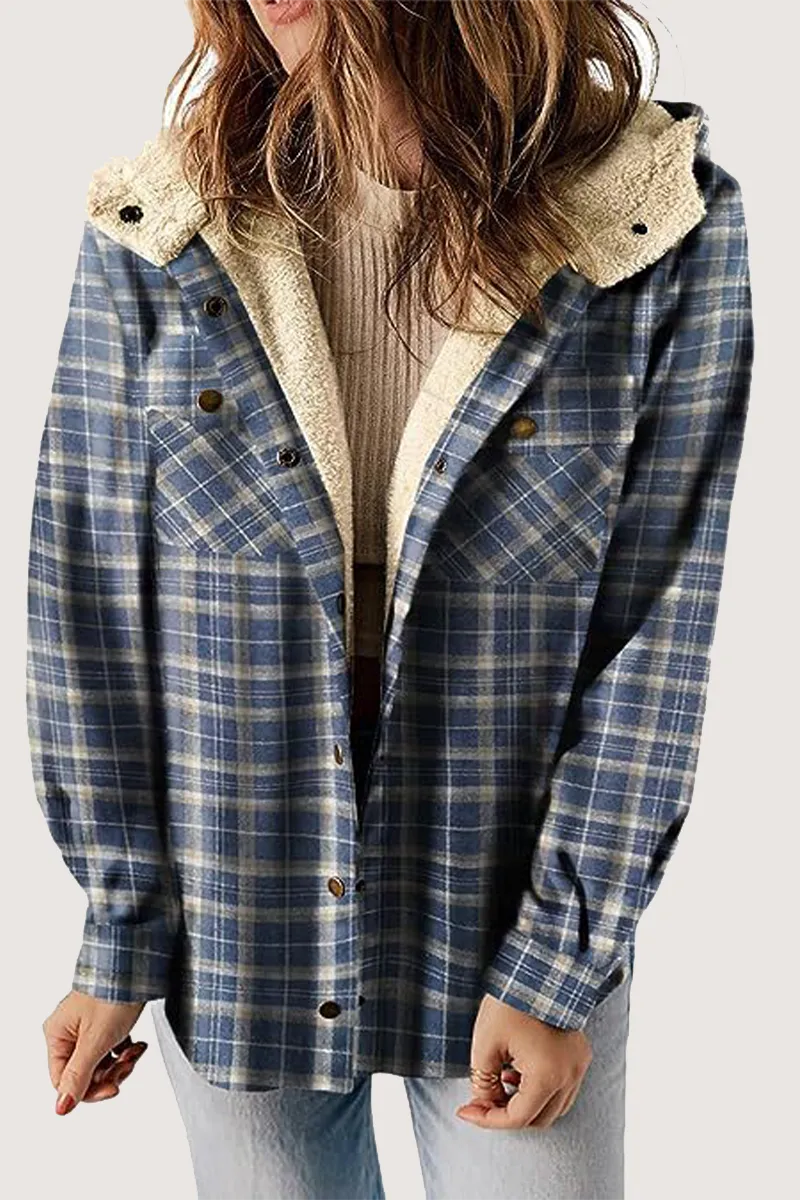 Casual Plaid Pocket Fluffy Contrast Hooded Outerwear(7 Colors)