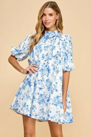CD05062-Floral Print Puffed Sleeves Accent Bow Dress