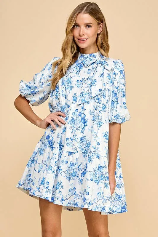 CD05062-Floral Print Puffed Sleeves Accent Bow Dress